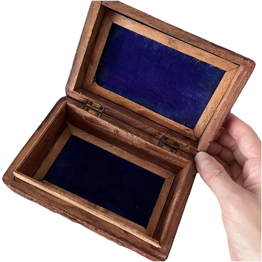 Wood Hand Carved Ornate Trinket Box - India Blue Velvet Inside 6” x 3.75” x 2”